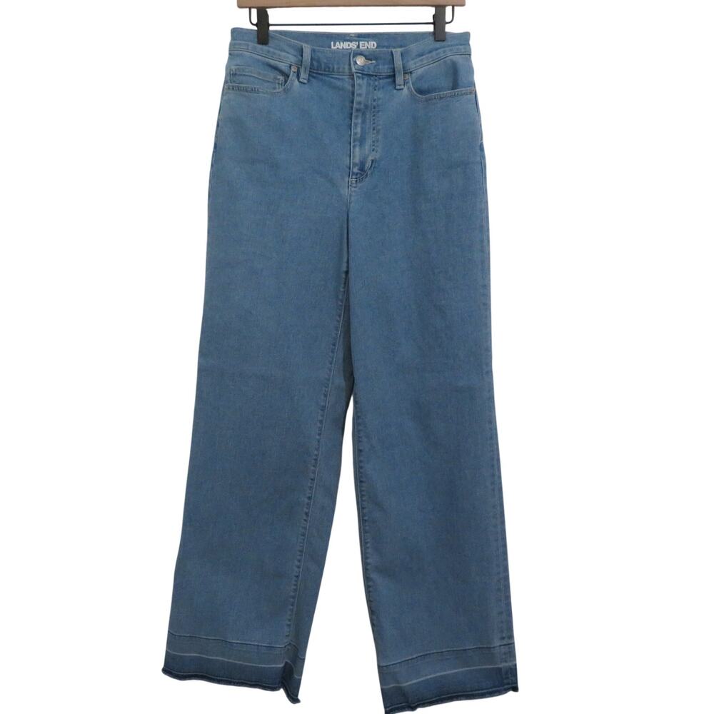 Lands' End Women Sz 8 High Rise Wide Leg Jeans Light Wash Raw Hem Denim